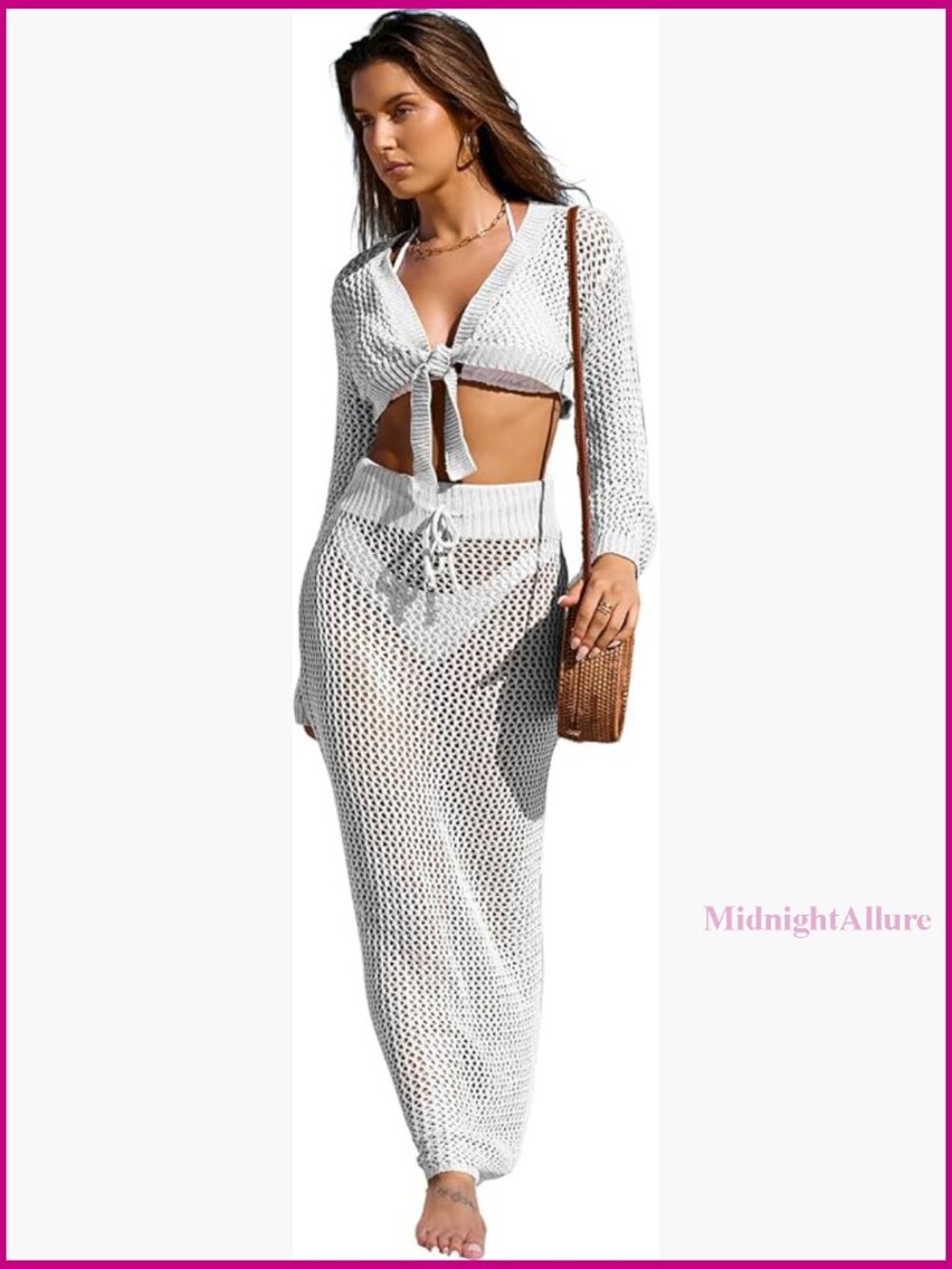 Crochet Cover Up Set Long Sleeve Crop Top Drawstring Skirt Beach
